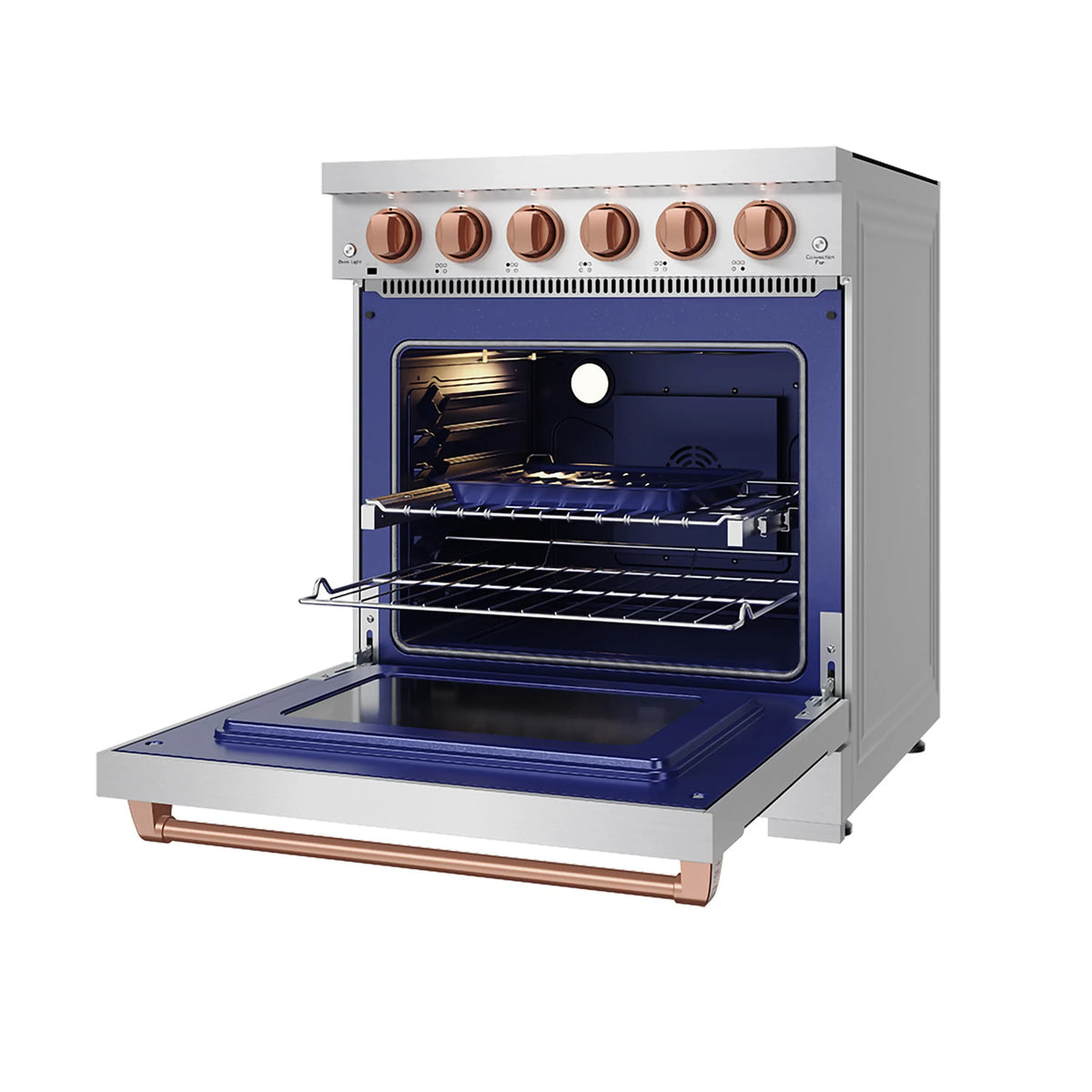 Stainless steel electric range with oven door open, black racks, and rose gold handle trim