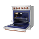 Electric oven range with open door, racks, and blue interior light with copper handle