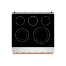 Black glass electric cooktop with five burner circles and rose-gold trim edge