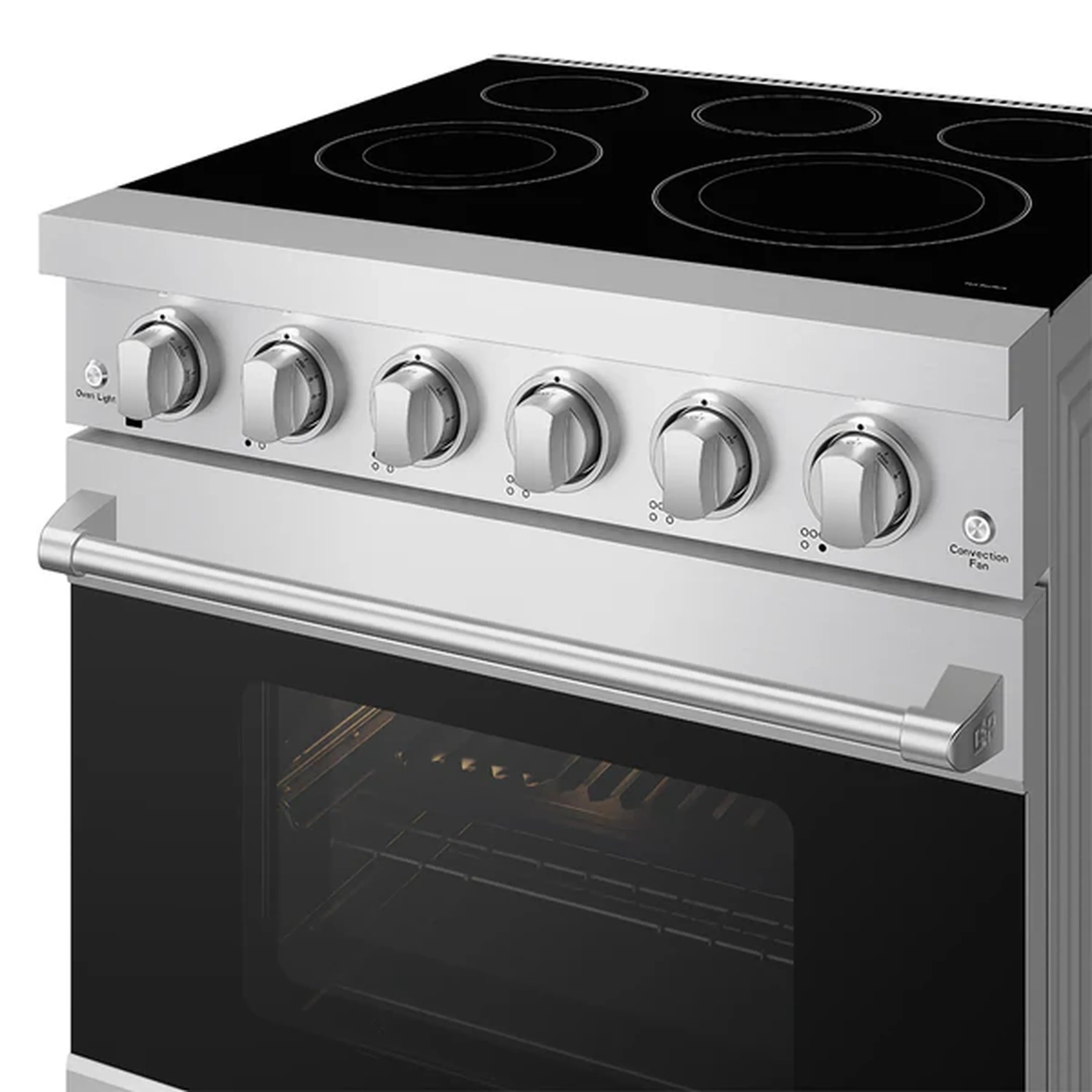Stainless electric range close-up with black cooktop, round knobs, and oven door window