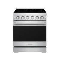 Stainless electric range with black cooktop, multiple round knobs, and oven door