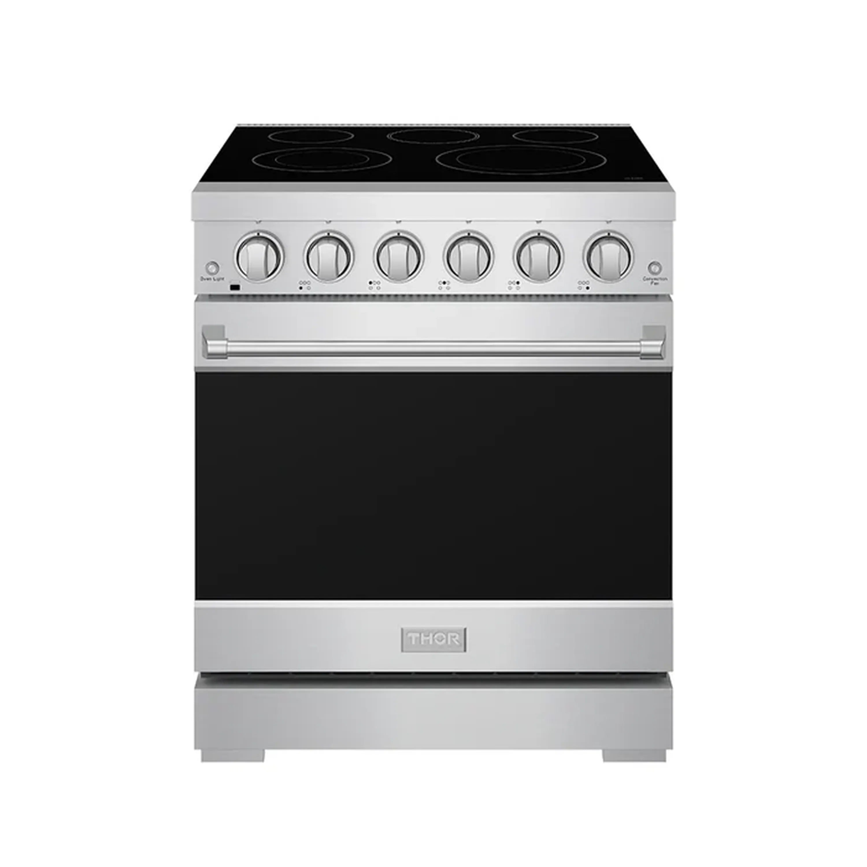Stainless steel electric range with black cooktop and six circular burner zones