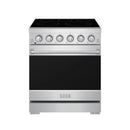 Stainless electric range with black cooktop, multiple round knobs, and oven door
