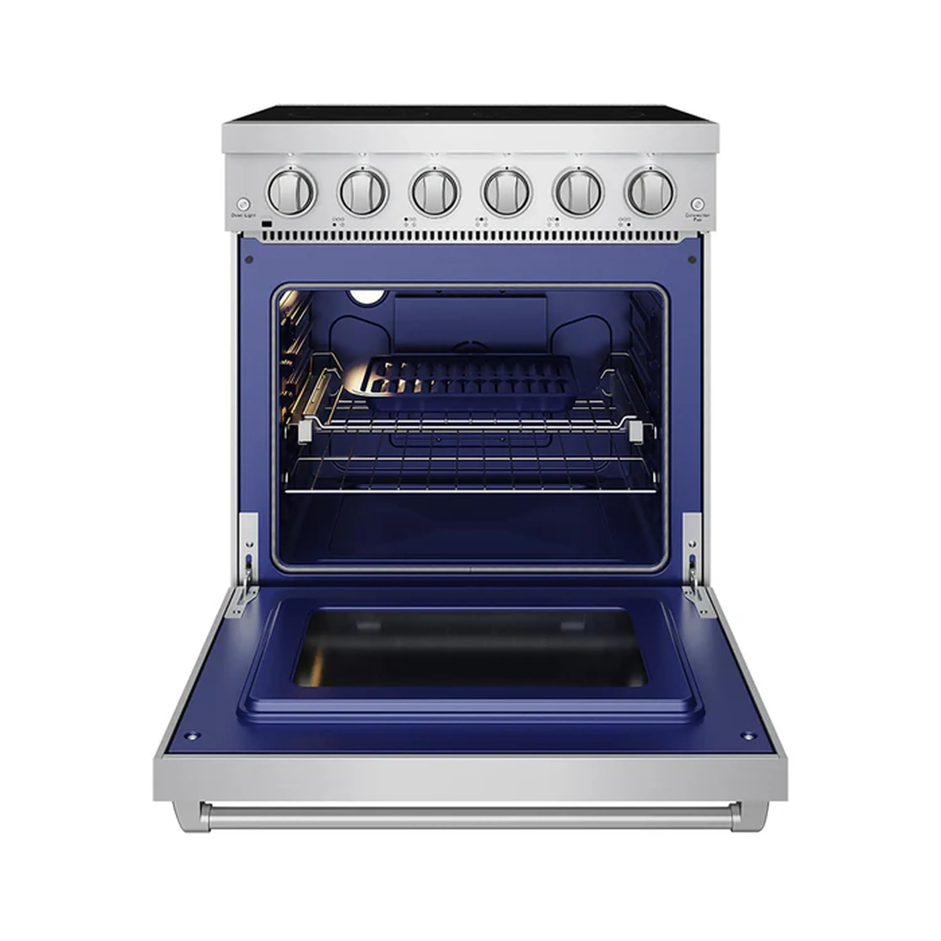 Stainless electric range oven interior with blue-lit cavity and wire rack rails