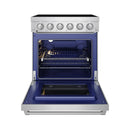 Stainless electric range oven interior with blue-lit cavity and wire rack rails
