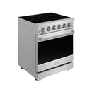 Stainless steel electric range in side view with black cooktop and control panel knobs