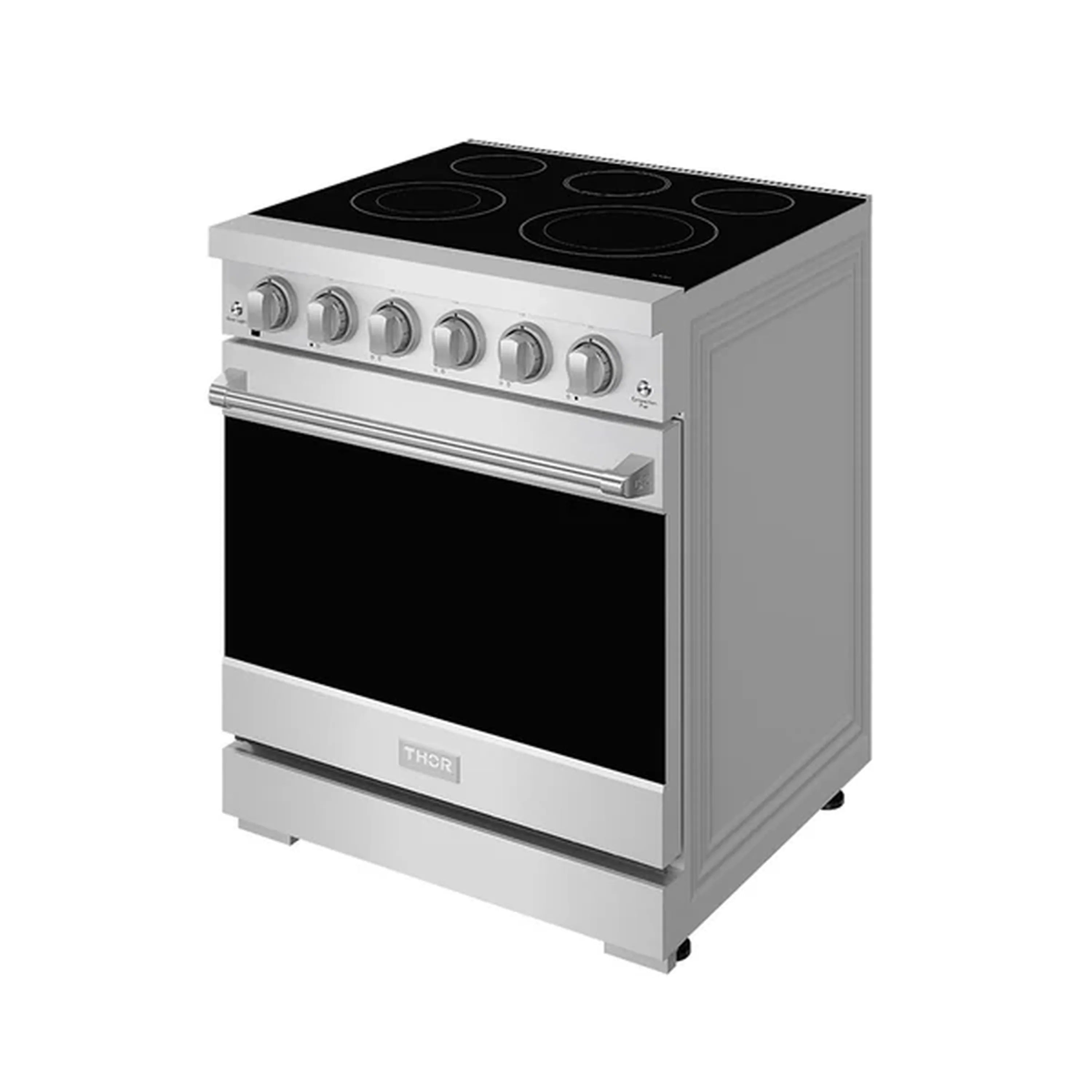 Stainless steel electric range with black glass cooktop and front control knobs