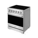 Stainless steel electric range with black glass cooktop and front control knobs