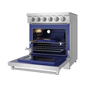 Stainless electric range with open oven door, baking rack, and control knobs