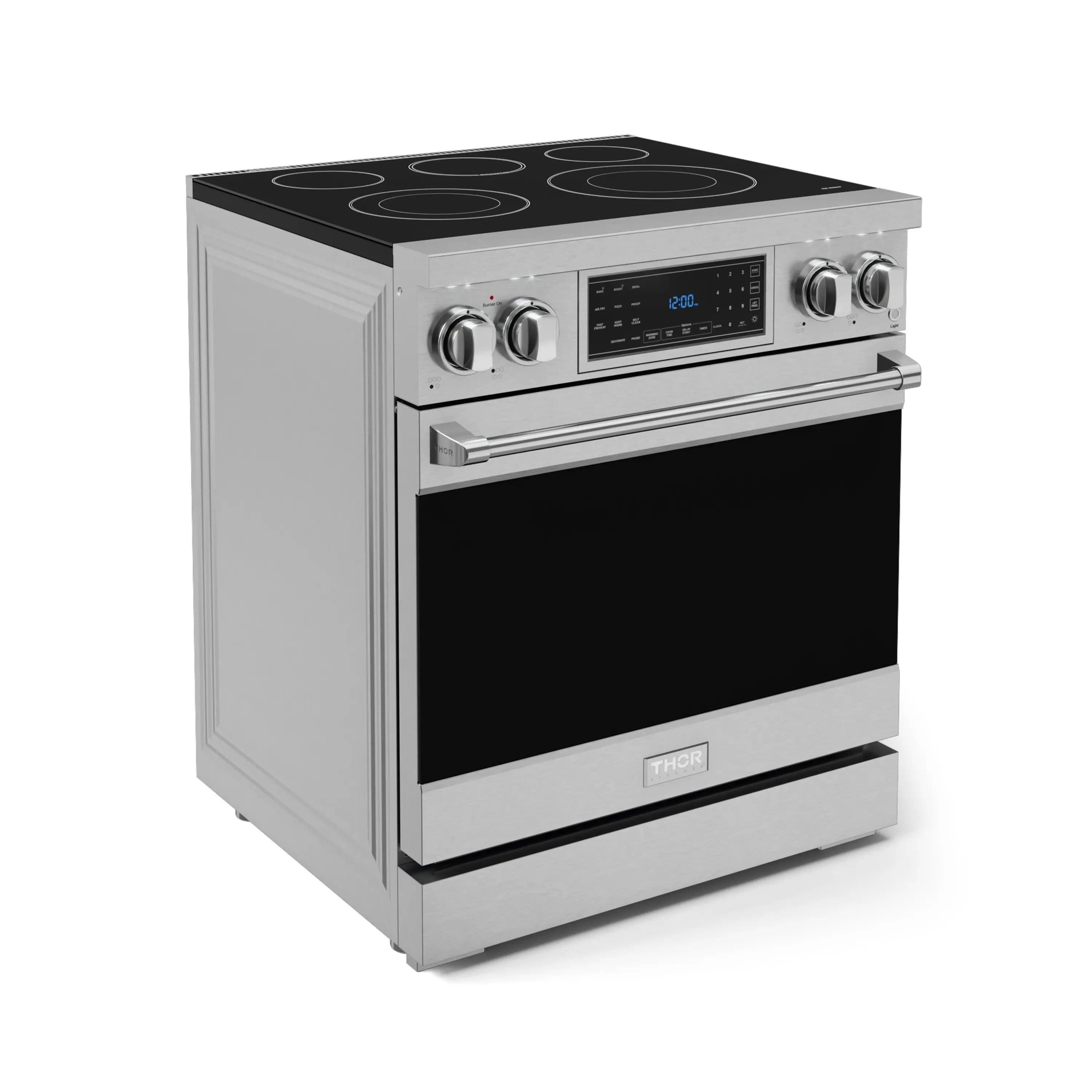 Stainless electric oven range with black glass cooktop and closed oven door