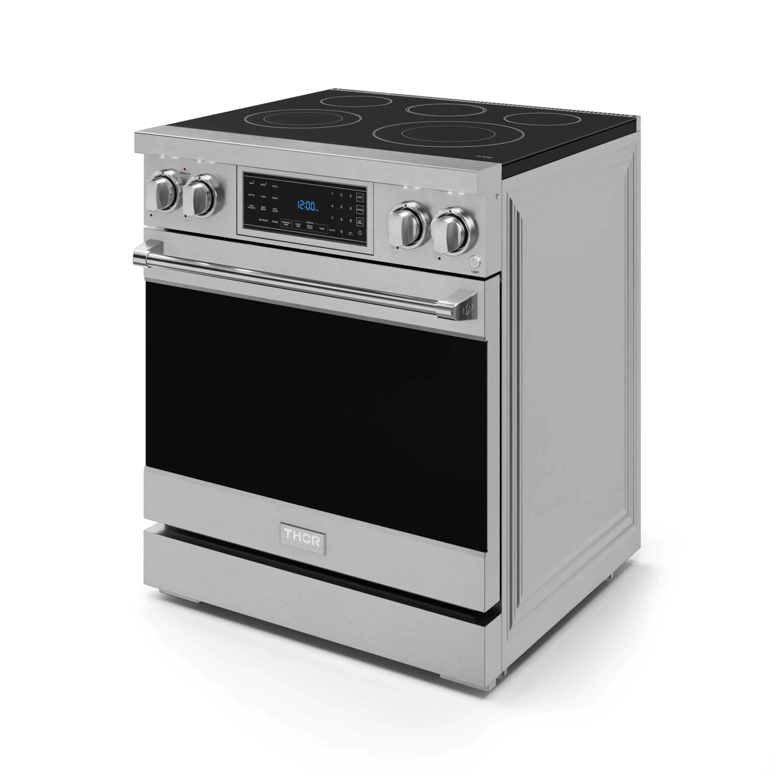 Stainless 30-inch electric range with black glass cooktop and front control knobs