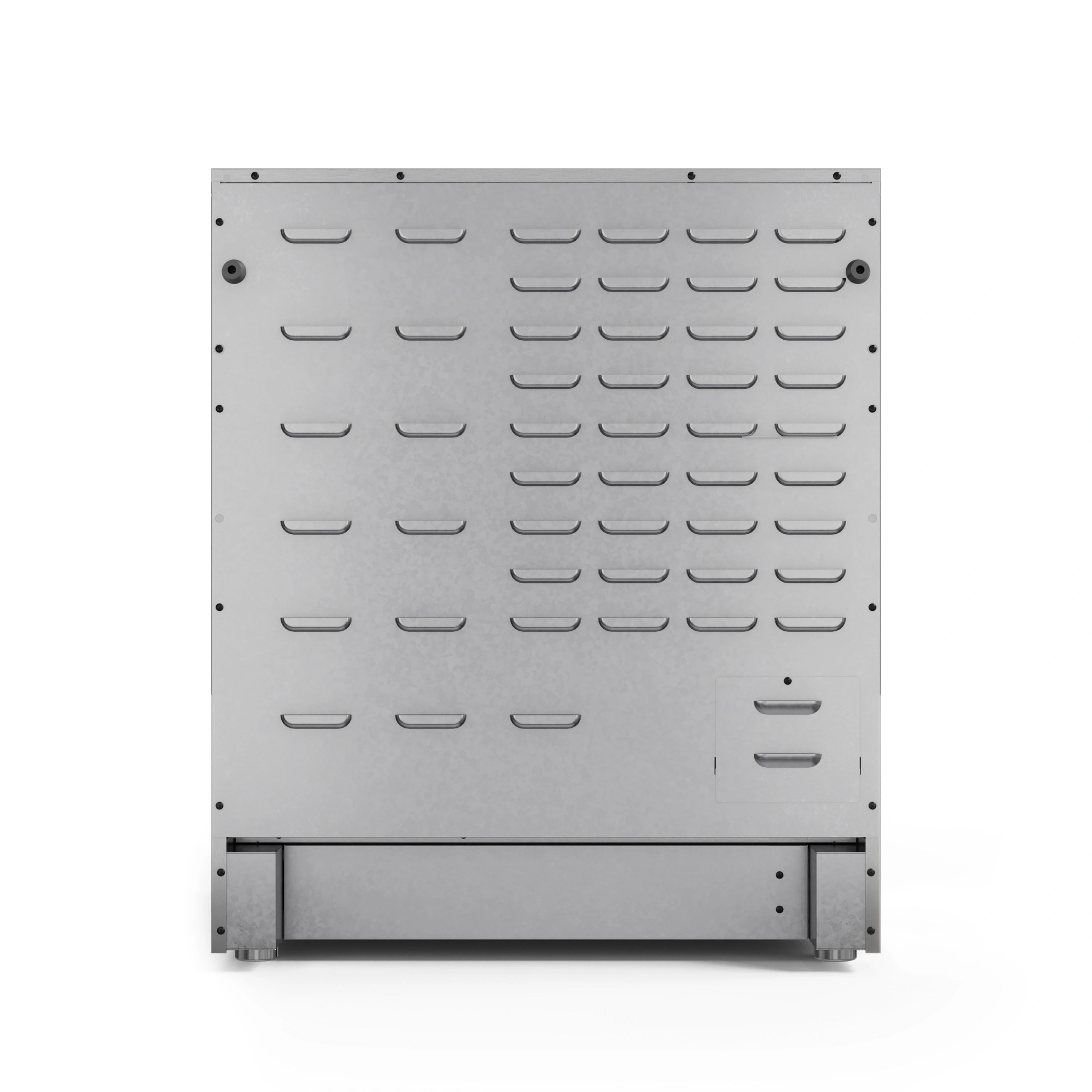 Stainless vented oven insert panel with rows of airflow slots