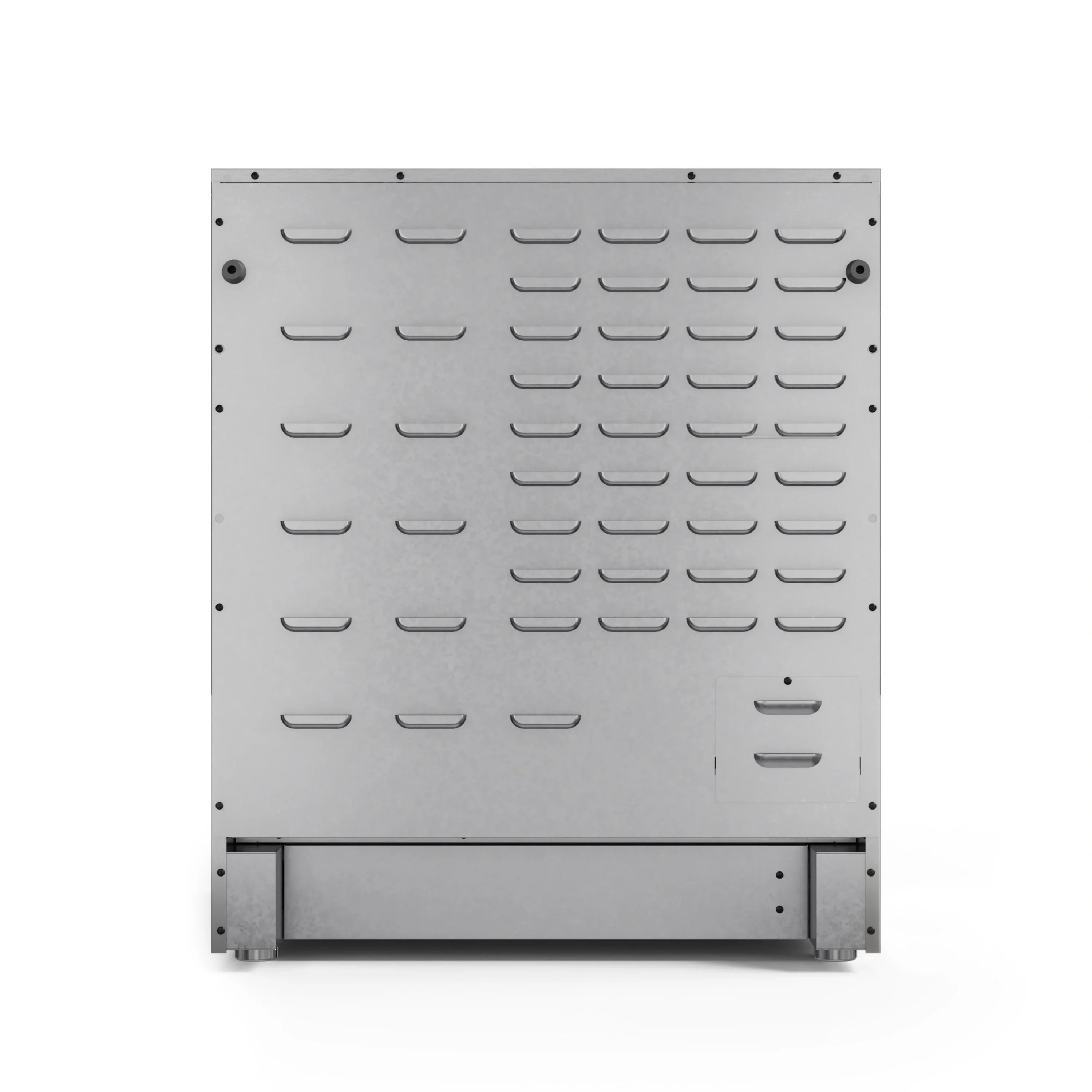 Stainless steel oven broiler panel with vent slats and pull-out door