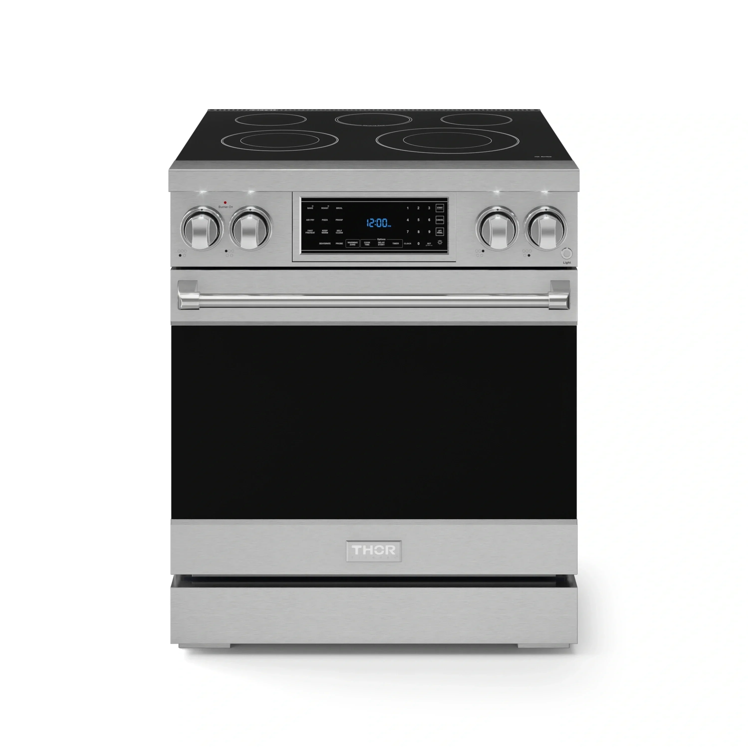 Stainless electric range with black glass cooktop and four knob controls