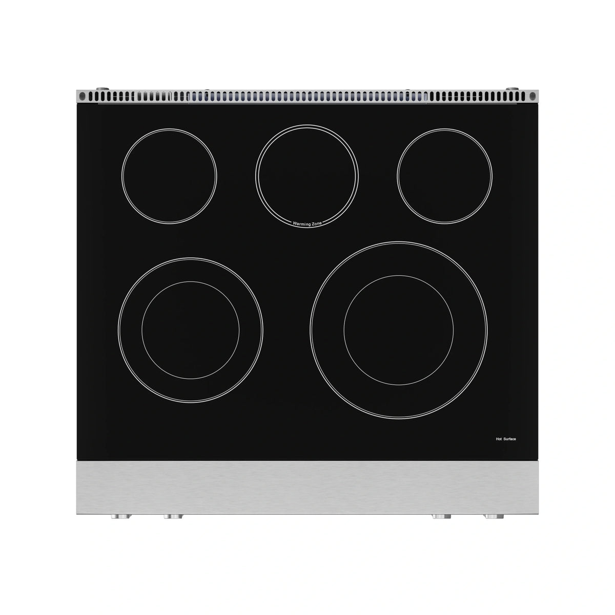 Black electric cooktop with five coil burners and stainless edge trim