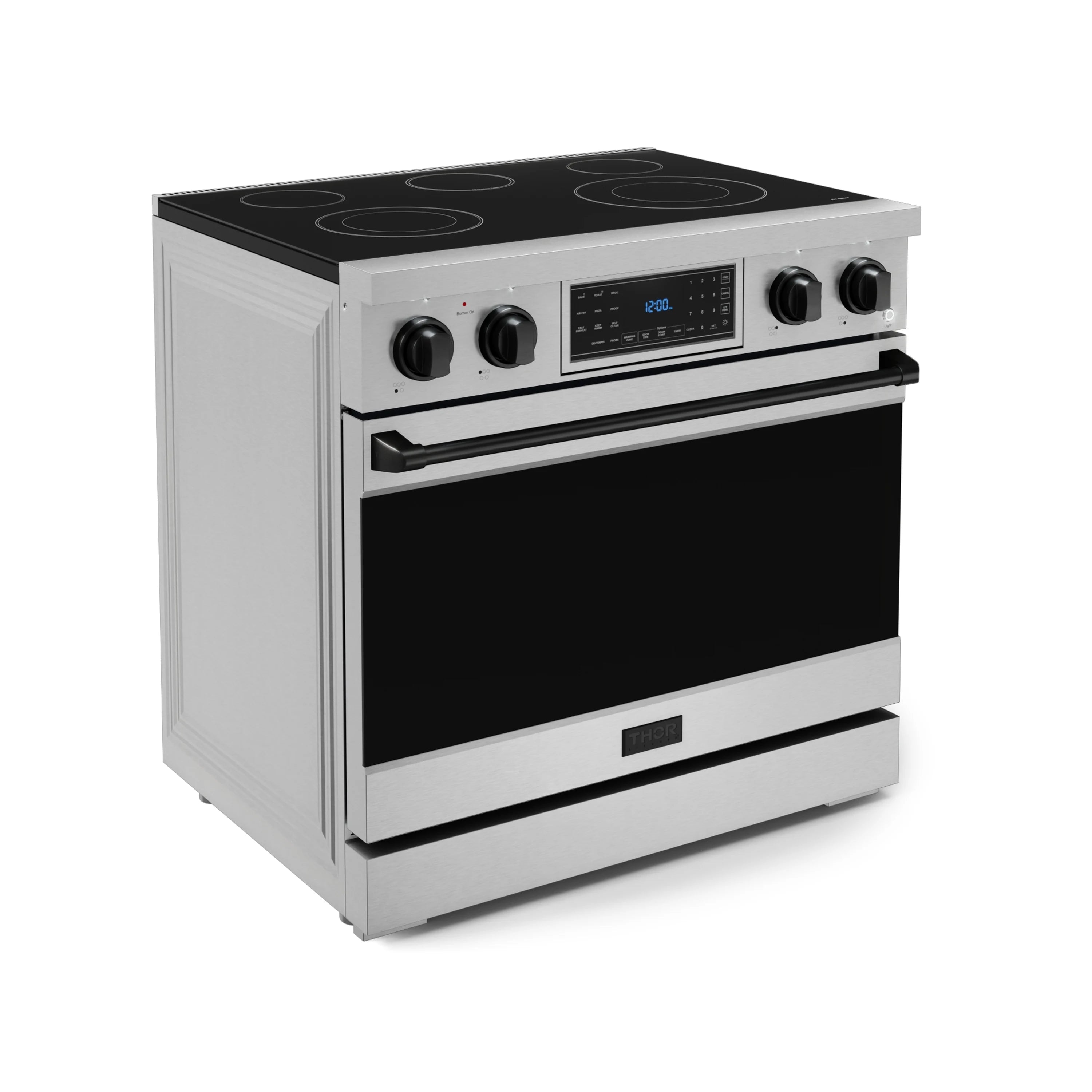 Stainless freestanding electric range with black glass cooktop and oven door