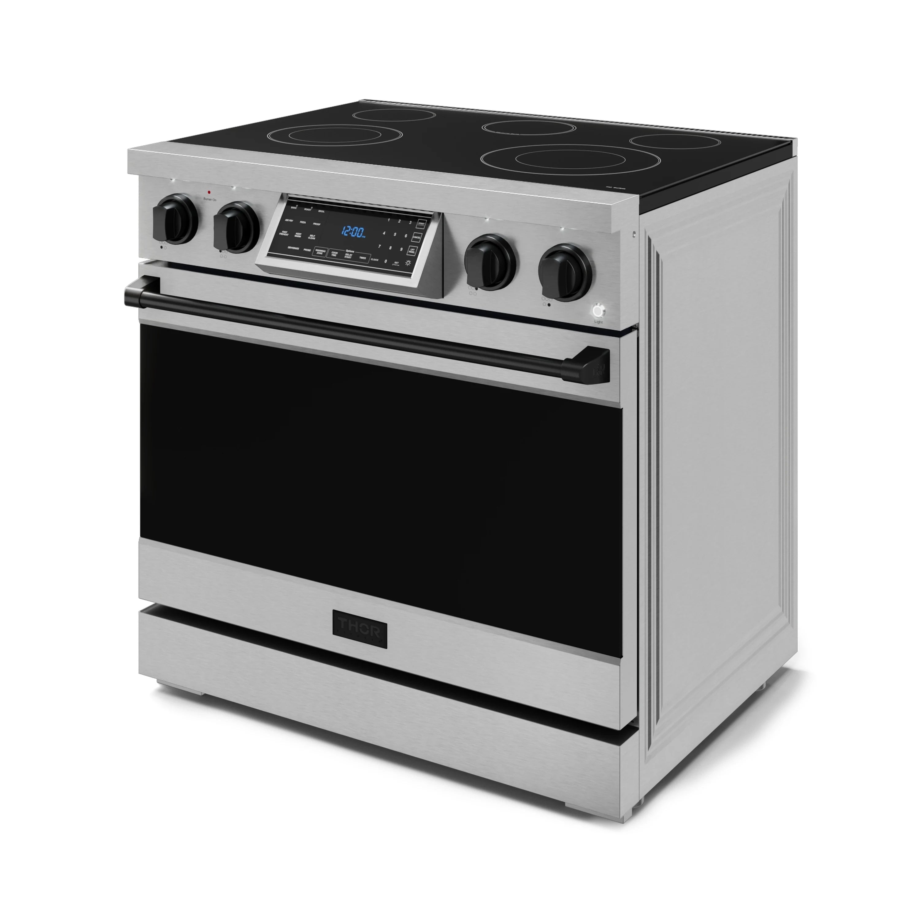 Stainless electric freestanding range with black glass cooktop and oven window