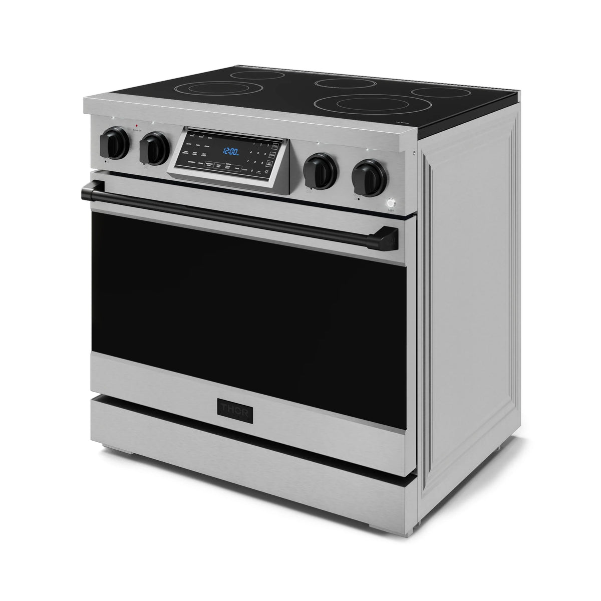 Stainless electric freestanding range with black glass cooktop and oven window