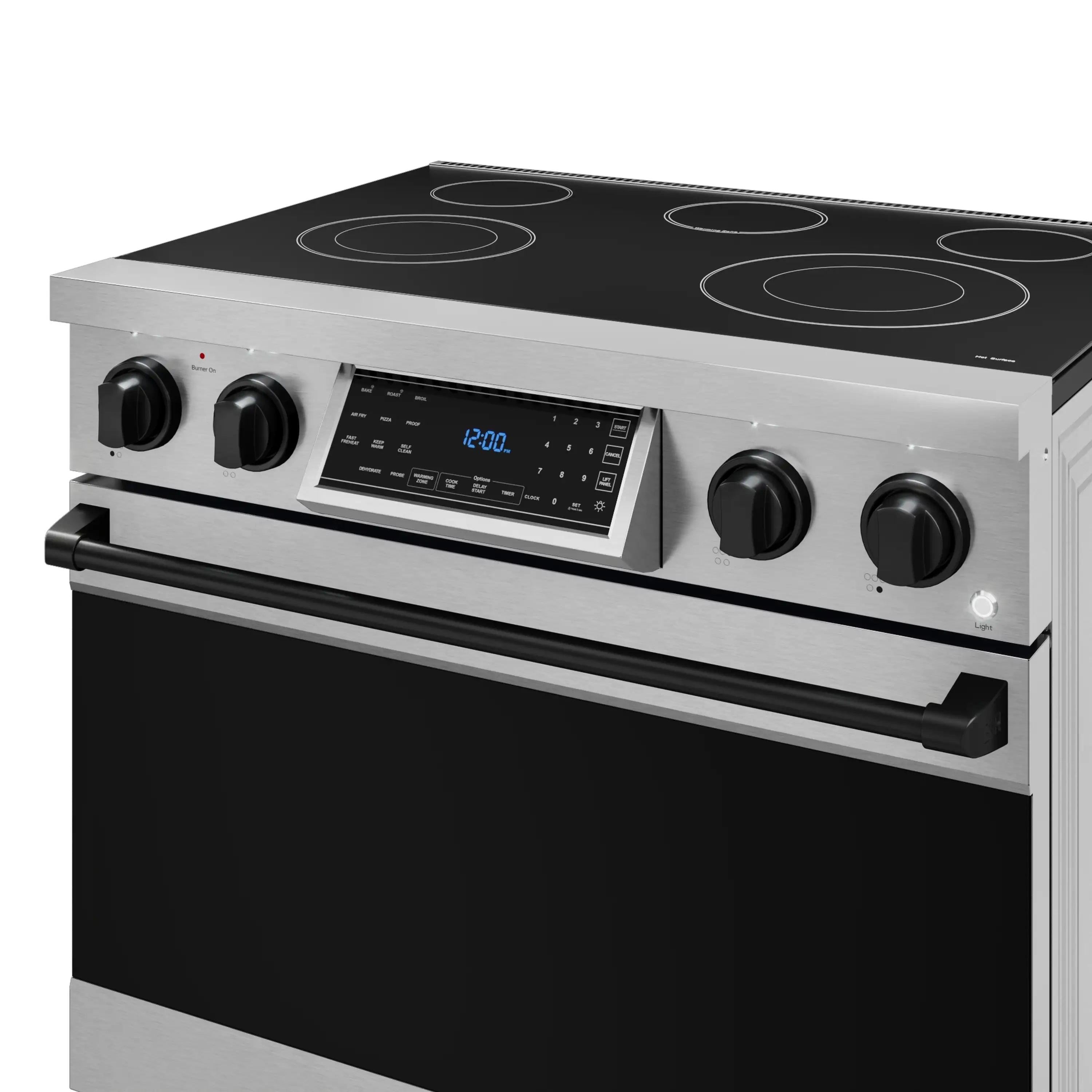 Close-up of stainless electric range control panel and black cooktop surface