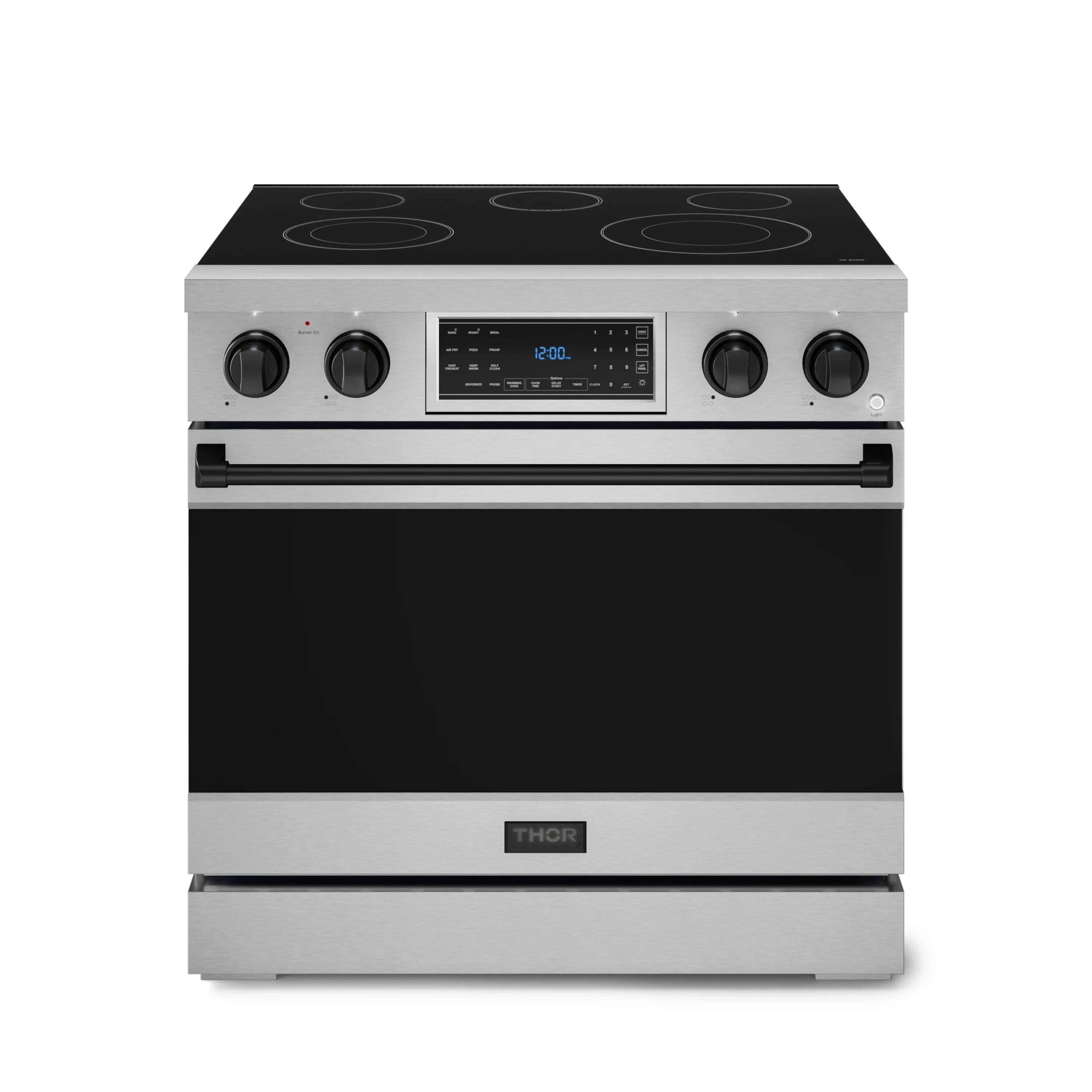 Stainless electric range with black cooktop, knobs, and digital touch control