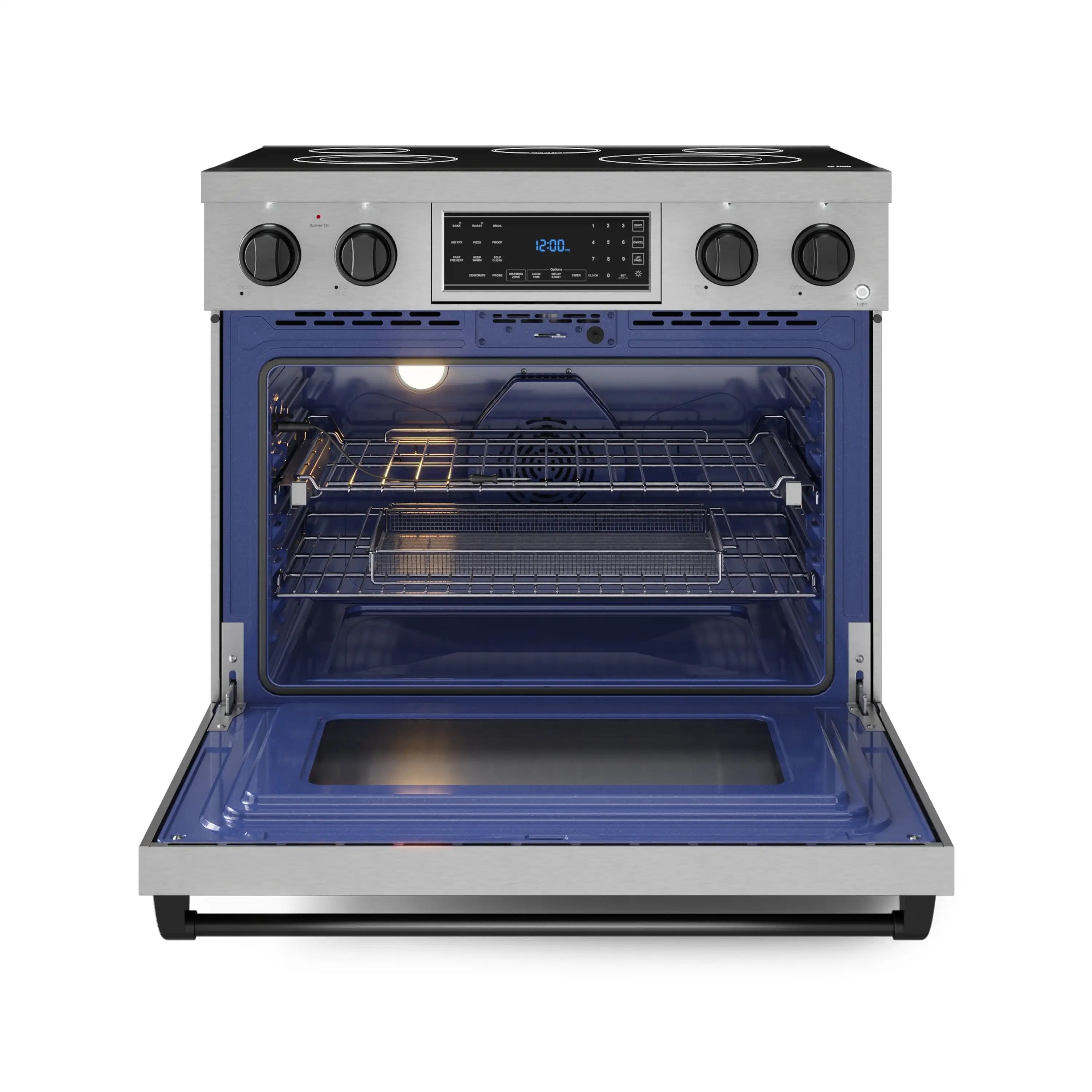 Stainless electric range oven door open with racks and air fryer tray