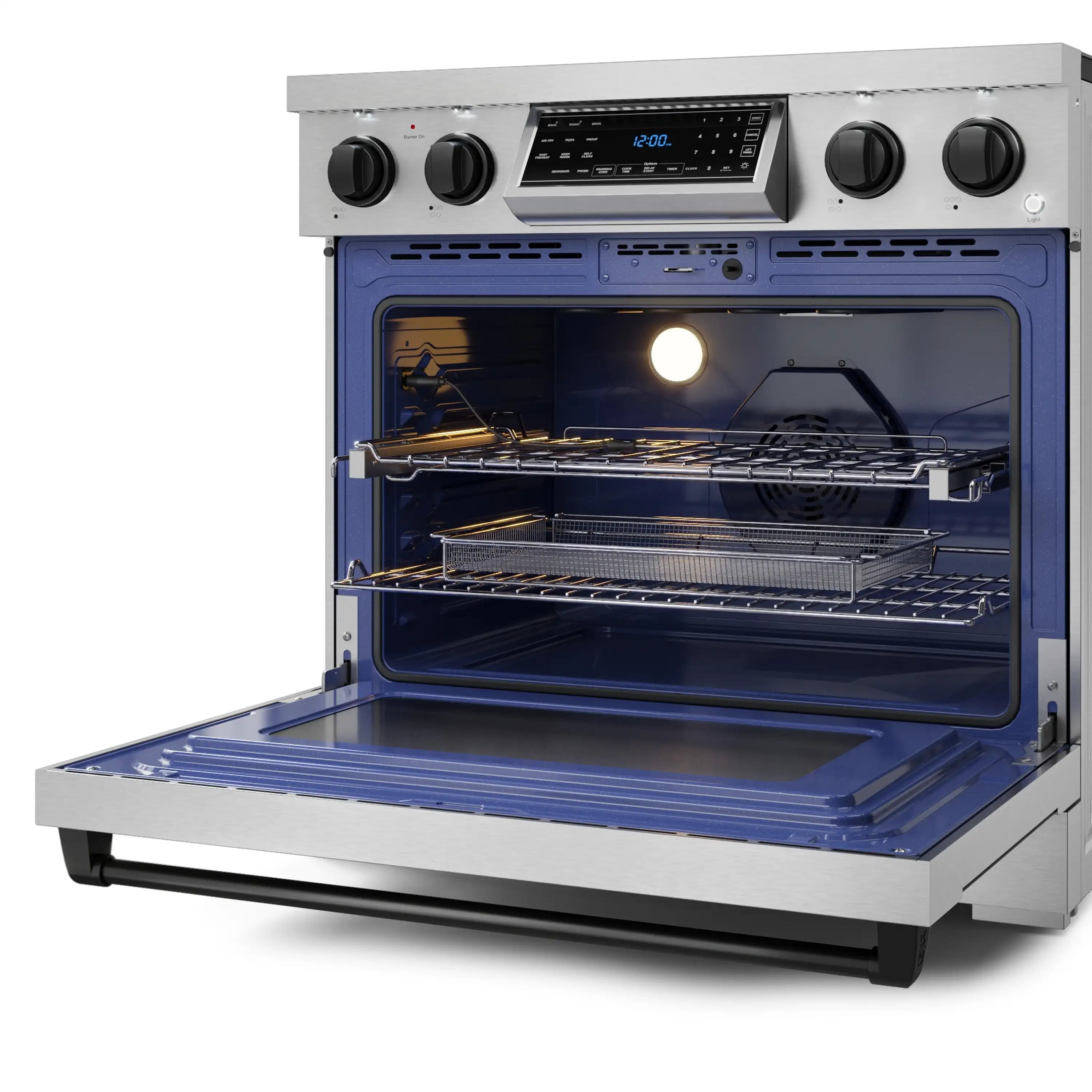 Electric range with oven door open, showing racks and oven light inside