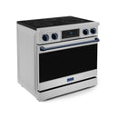 Gordon Ramsay by Thor Kitchen 4-Piece Appliance Package -  36-Inch Electric Range, Wall Mount Range Hood, 36-Inch French Door Refrigerator, and Dishwasher in Stainless Steel with Blue Trim