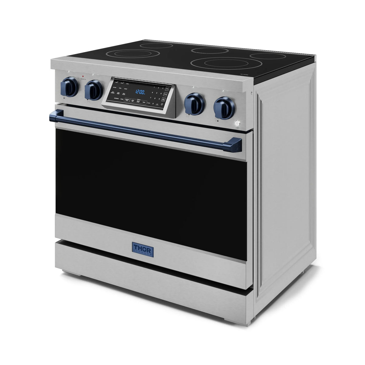 Angle view of stainless electric range with blue-trim handle and black glass cooktop