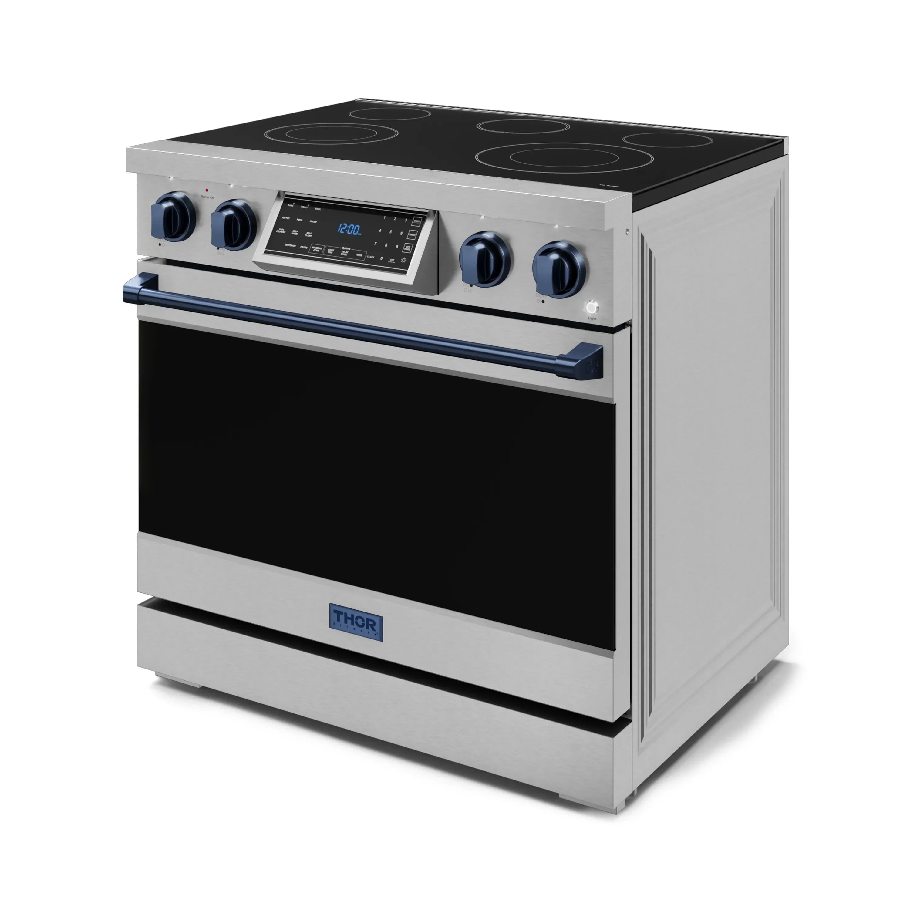 Stainless and white electric range with black glass cooktop and blue control knobs