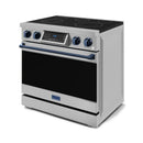 Gordon Ramsay by Thor Kitchen 4-Piece Appliance Package -  36-Inch Electric Range, Wall Mount Range Hood, 36-Inch French Door Refrigerator, and Dishwasher in Stainless Steel with Blue Trim