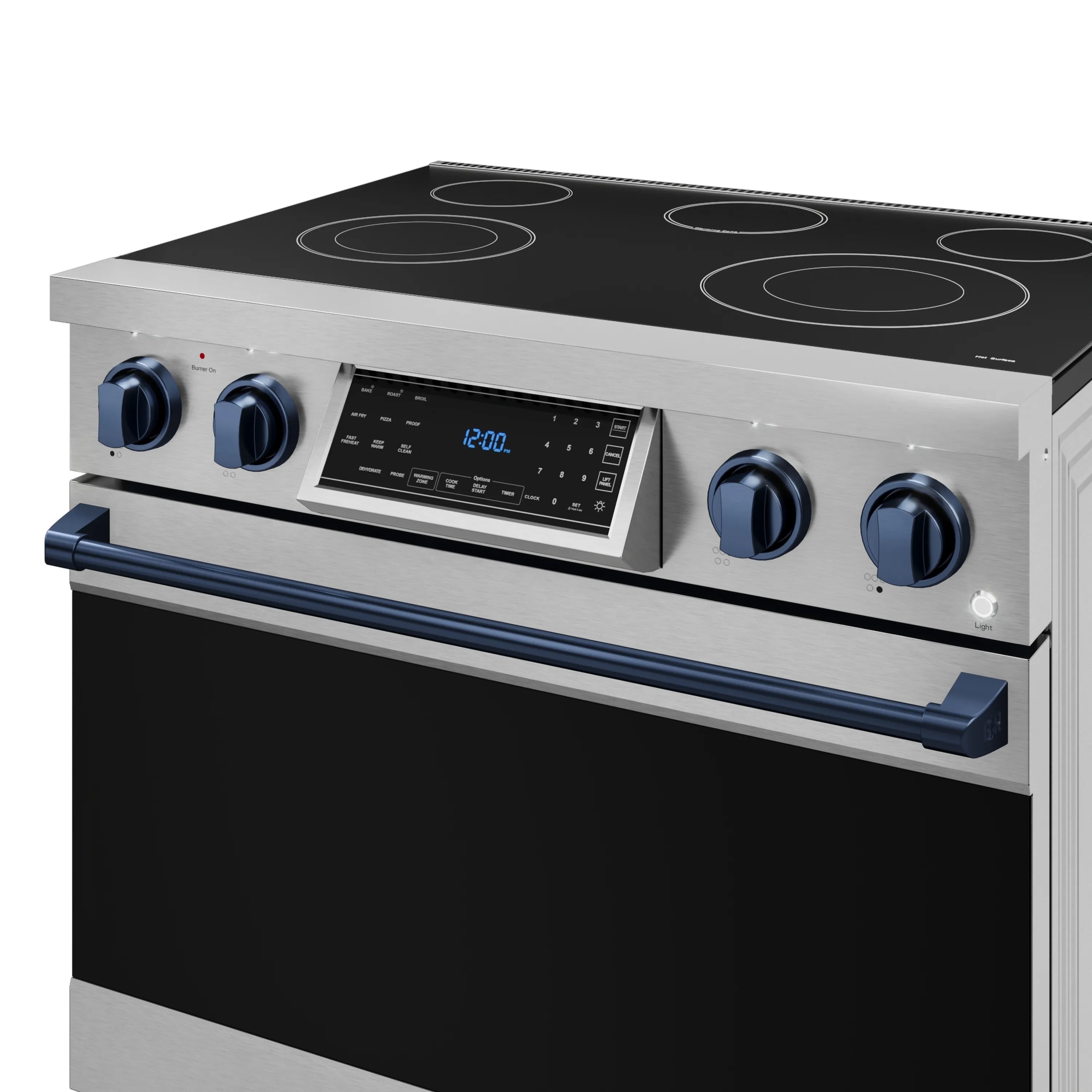 Stainless electric range with black glass cooktop and navy control knobs