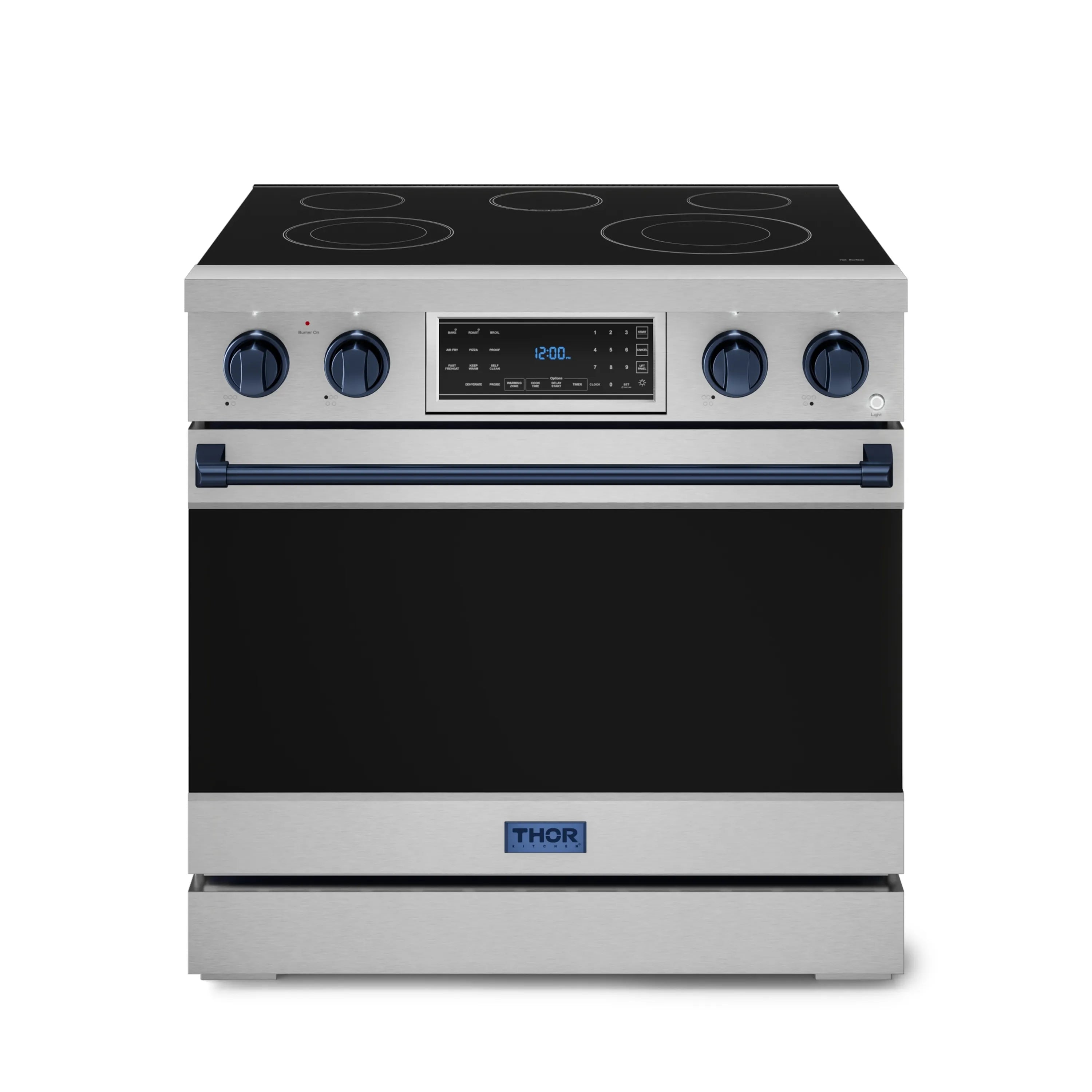 Stainless electric range with black ceramic cooktop and navy blue trim
