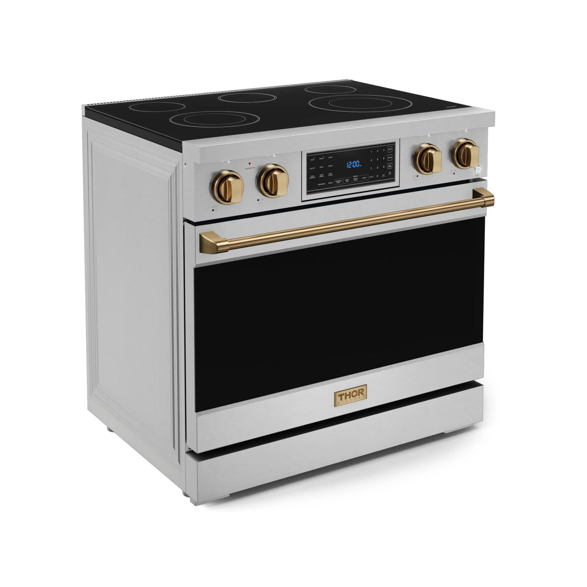 Stainless electric range with black oven door, bronze handle, and gold control knobs