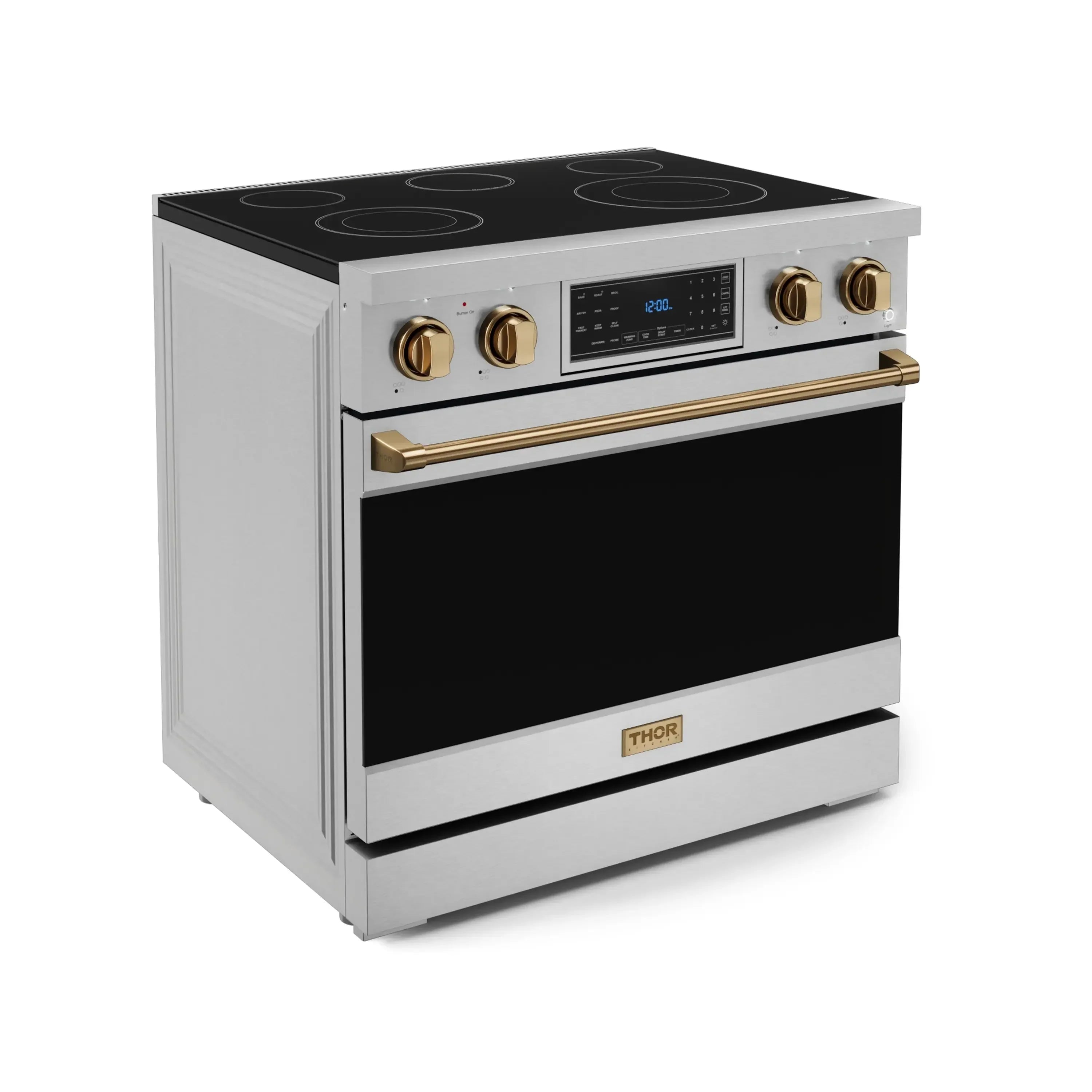 Electric range with black glass cooktop, two gold control knobs, and black oven door