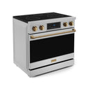 Gordon Ramsay by Thor Kitchen 4-Piece Appliance Package -  36-Inch Electric Range, Wall Mount Range Hood, 36-Inch French Door Refrigerator, and Dishwasher in Stainless Steel with Bronze Trim