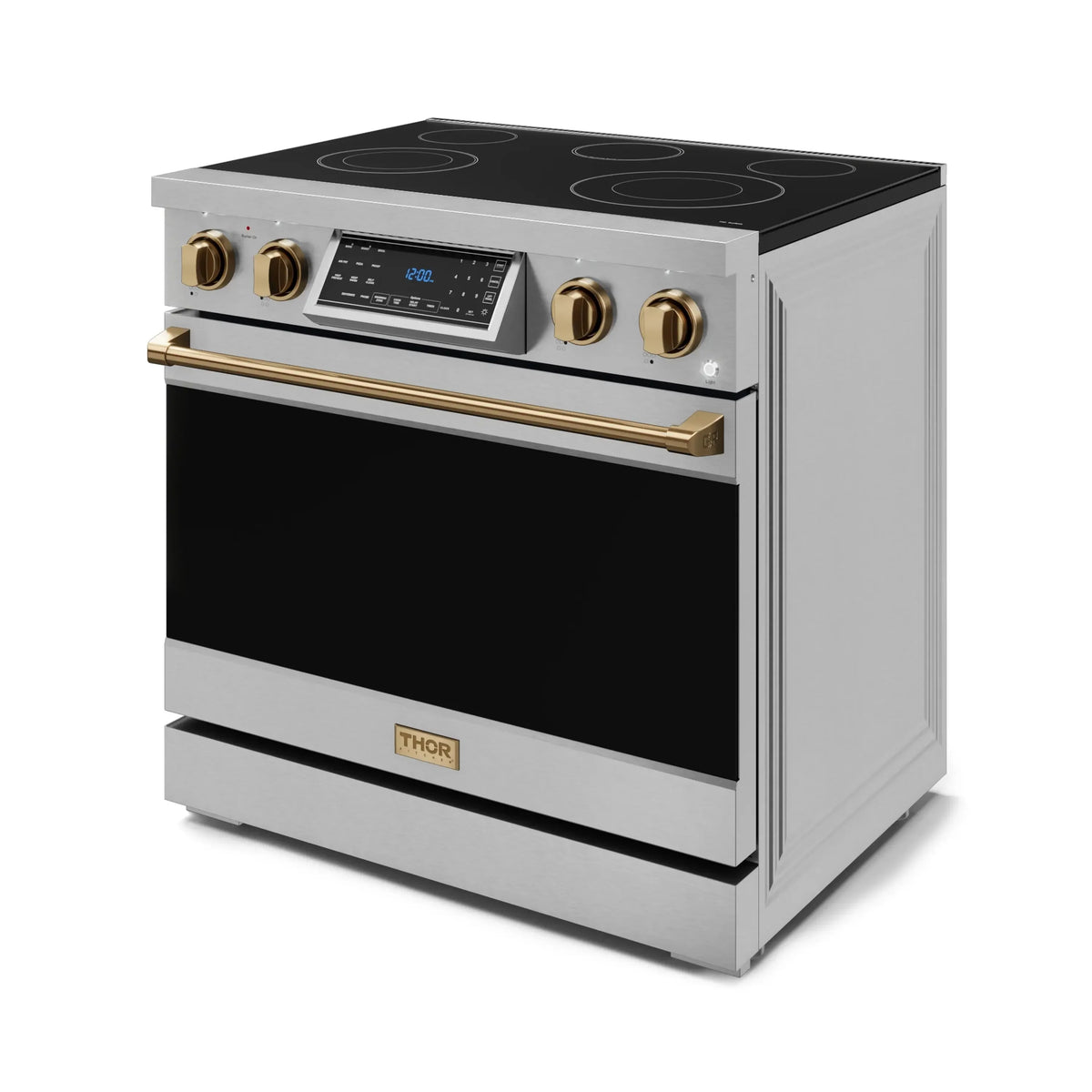 Stainless electric range with black cooktop, digital panel, and bronze-accented handle