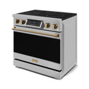 Gordon Ramsay by Thor Kitchen 4-Piece Appliance Package -  36-Inch Electric Range, Wall Mount Range Hood, 36-Inch French Door Refrigerator, and Dishwasher in Stainless Steel with Bronze Trim