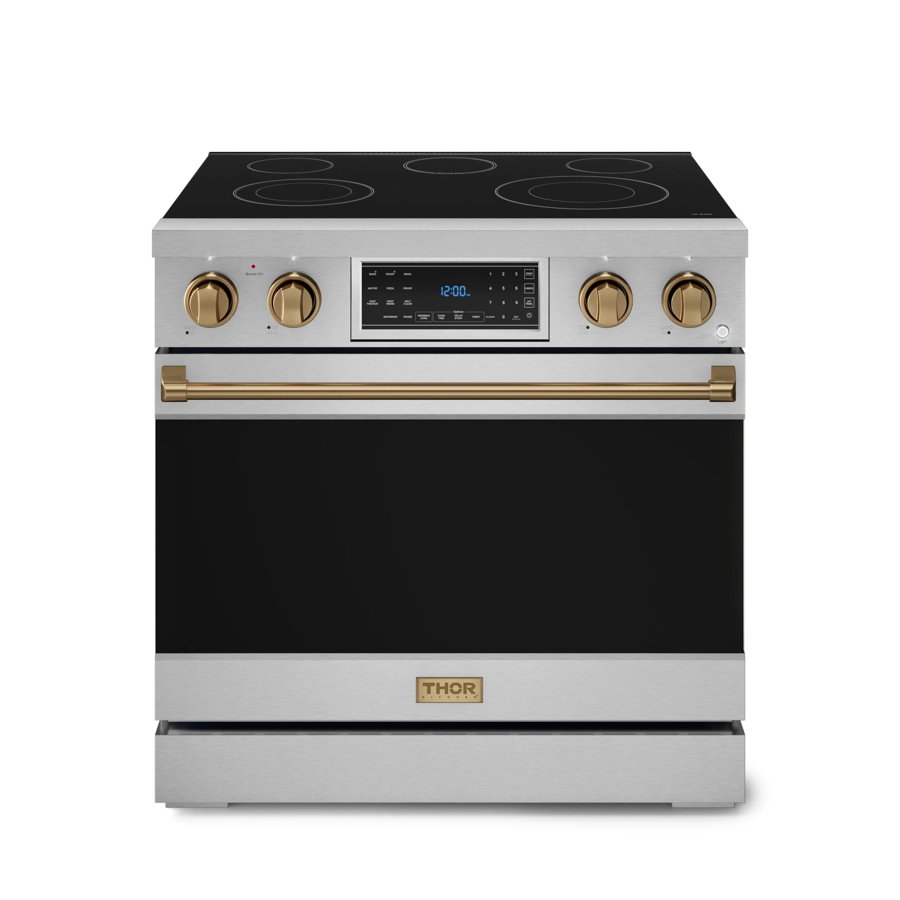 Stainless electric range with black glass cooktop, bronze knobs, and long bronze handle.