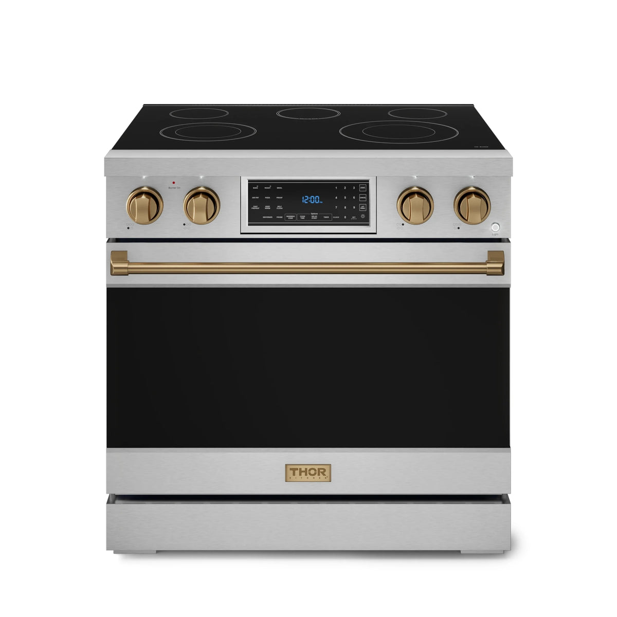 Stainless electric range with black glass cooktop, bronze knobs, and long bronze handle.