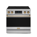 Gordon Ramsay by Thor Kitchen 4-Piece Appliance Package -  36-Inch Electric Range, Wall Mount Range Hood, 36-Inch French Door Refrigerator, and Dishwasher in Stainless Steel with Bronze Trim
