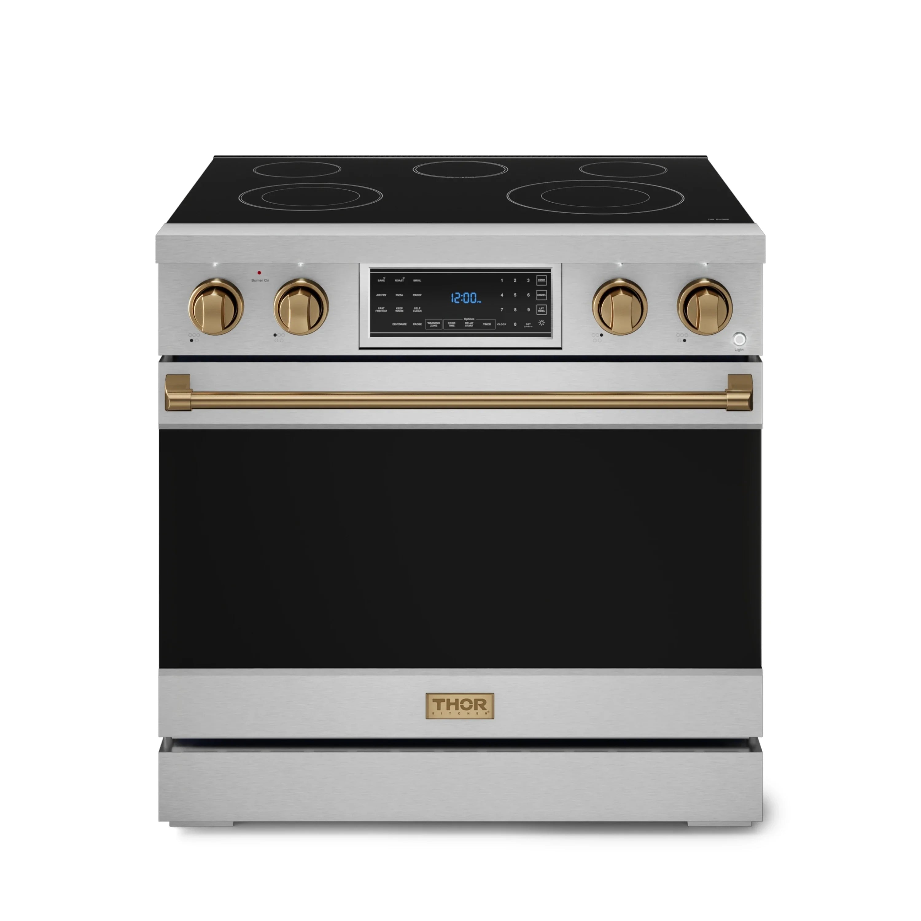 Stainless electric range with black glass cooktop, gold knobs, and digital touch display