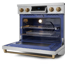 Gordon Ramsay by Thor Kitchen 4-Piece Appliance Package -  36-Inch Electric Range, Wall Mount Range Hood, 36-Inch French Door Refrigerator, and Dishwasher in Stainless Steel with Bronze Trim