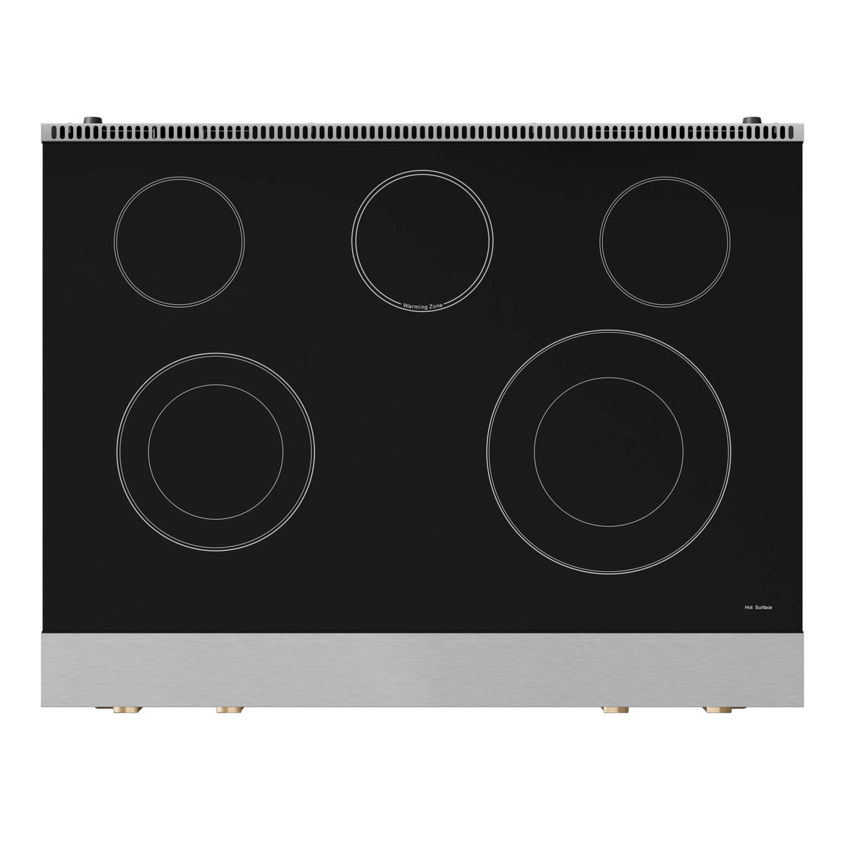 Stainless electric cooktop with five round heating elements and black glass surface