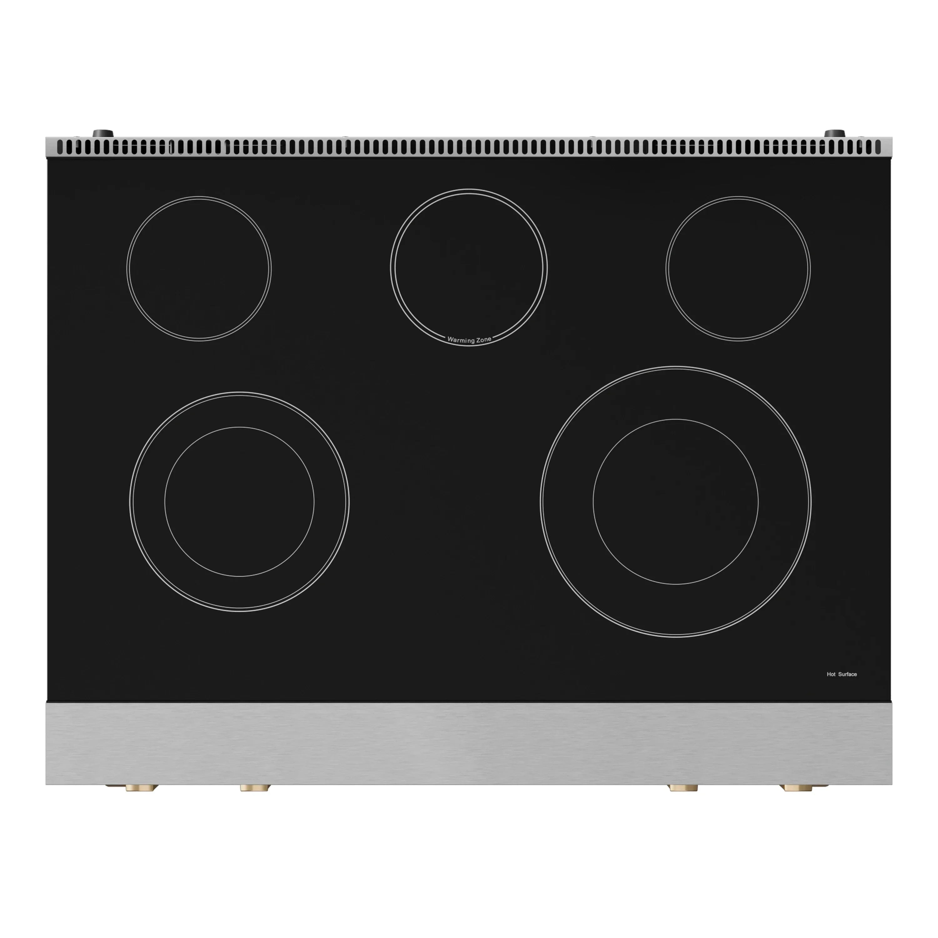 Black electric cooktop with five circular burner zones and stainless base