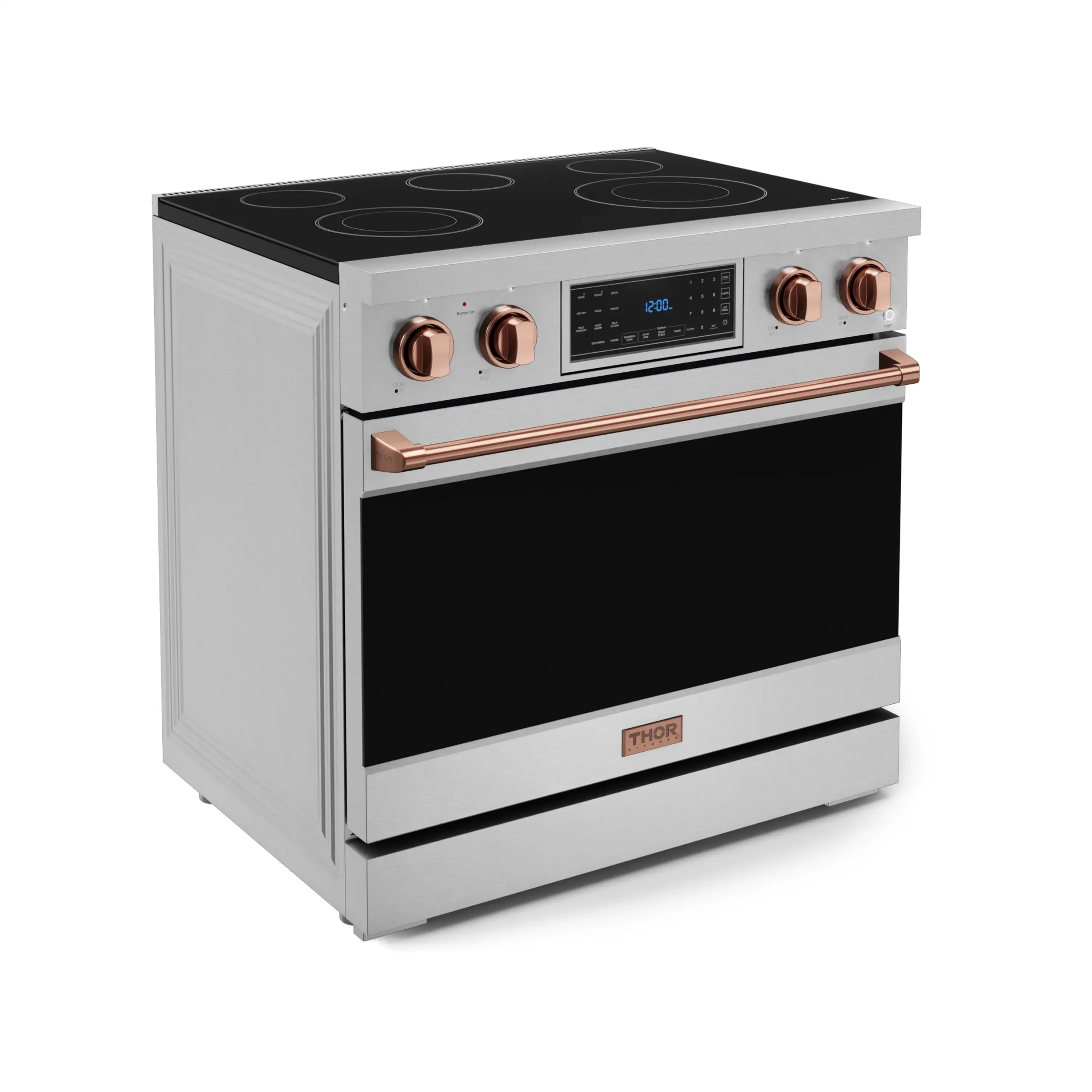 Stainless steel electric range with black cooktop and rose gold trim front handle