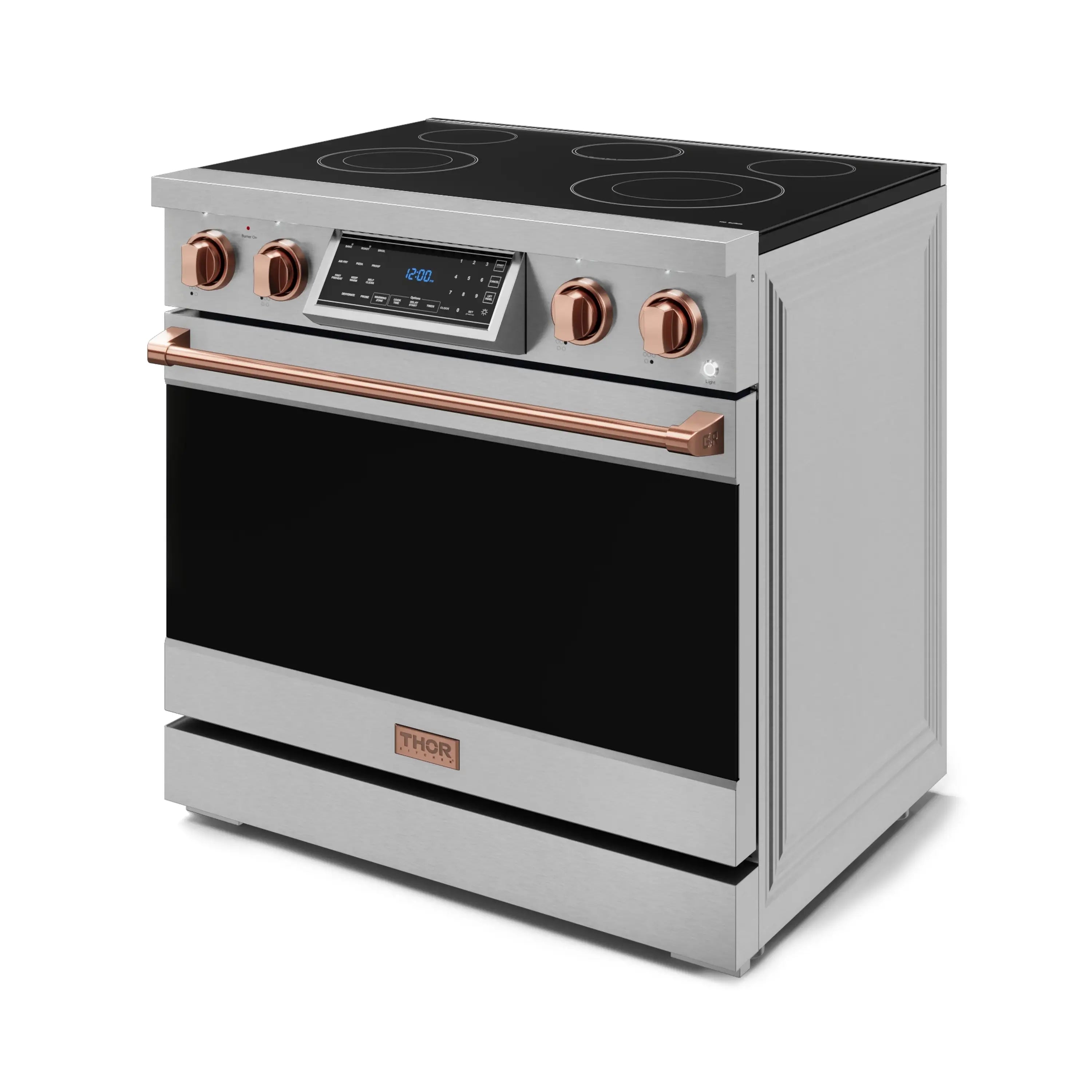 Stainless steel electric range with black cooktop and rose gold control knobs