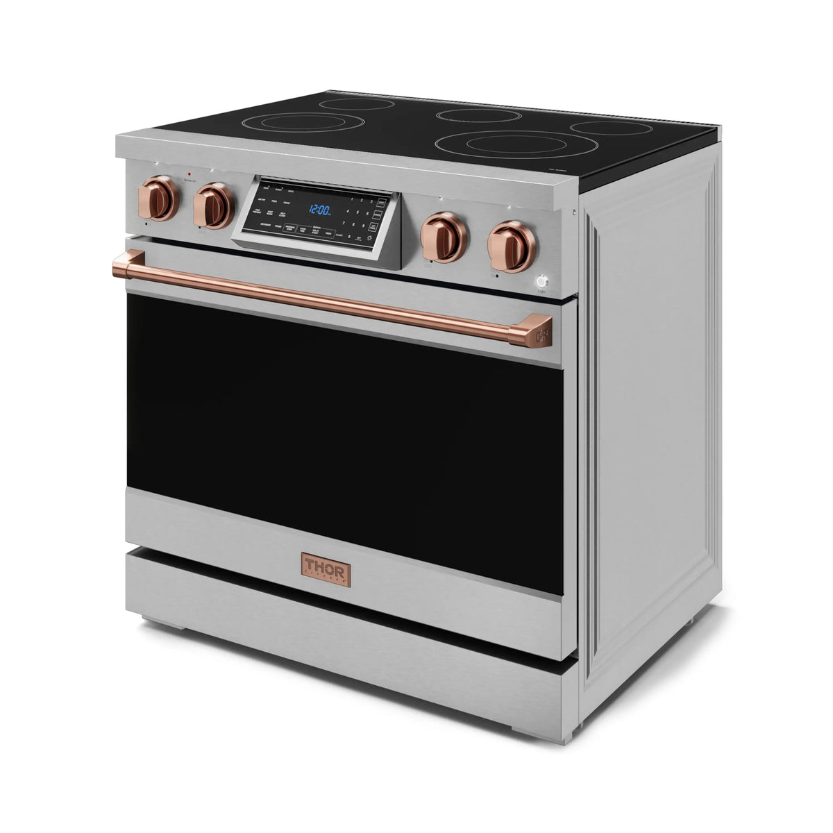Stainless electric range with black cooktop, rose gold accents, and front control panel