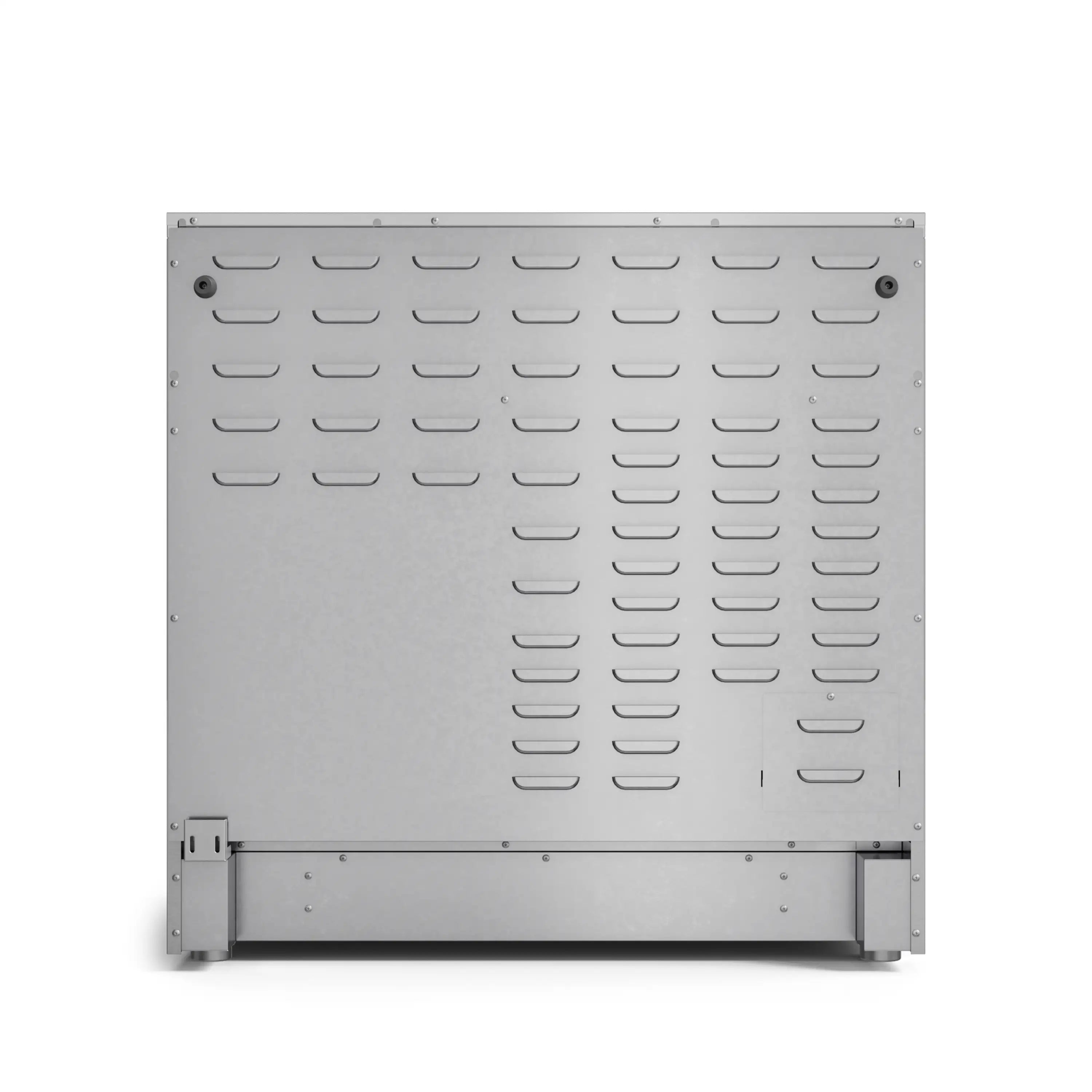 Electric range vented rear panel with metal housing and mounting brackets