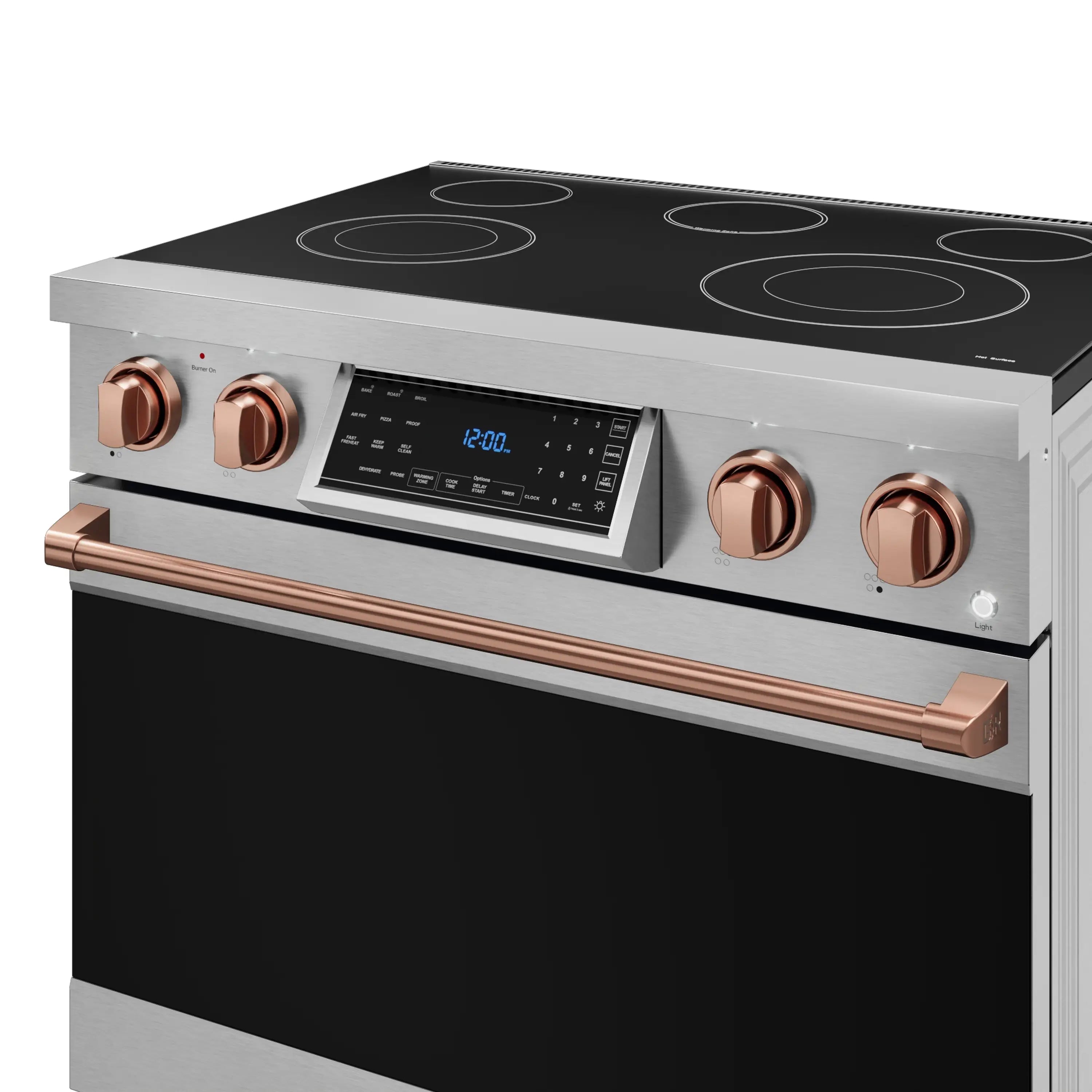 Stainless steel electric range with black cooktop and rose gold control knob set