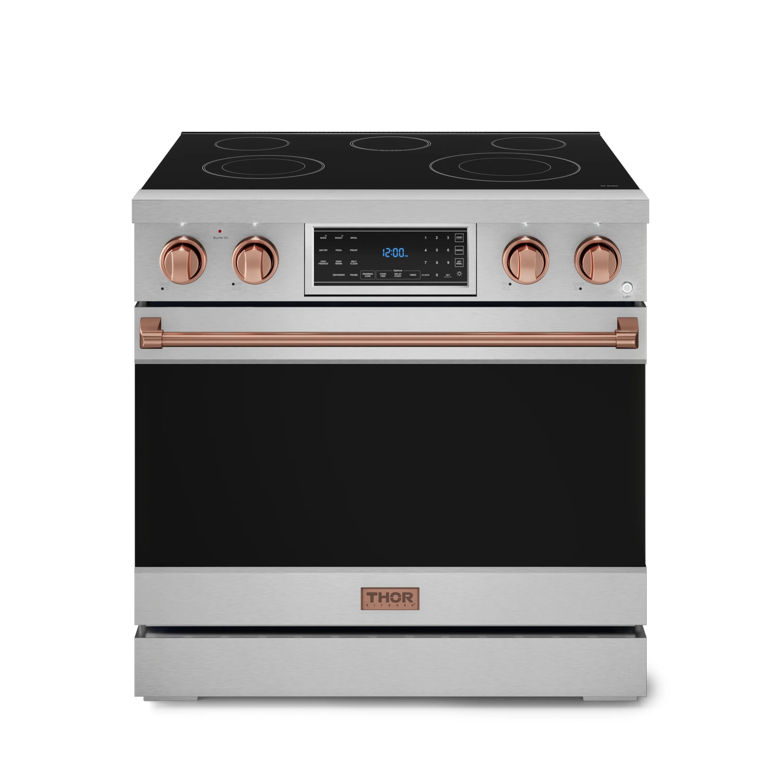 Stainless electric range with black glass cooktop, rose-gold knobs, and THOR logo